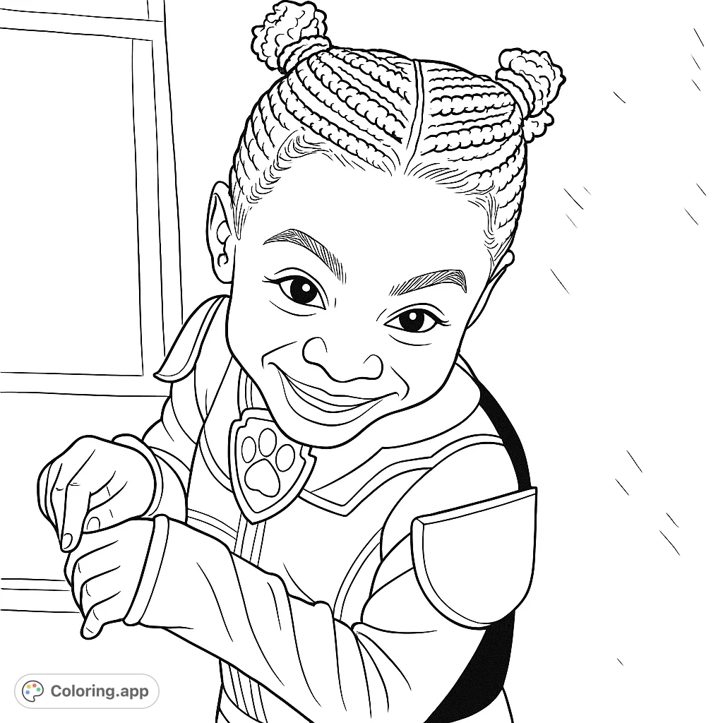 A delightful superhero child coloring page featuring a joyful girl in a detailed costume with braided buns, ready for adventure. Perfect for young heroes!