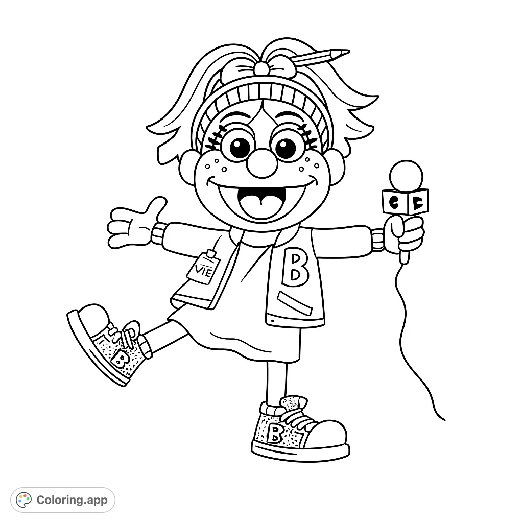 A lively cartoon character with pigtails and a microphone, ready to report. Features a fun outfit and expressive details, perfect for creative coloring.