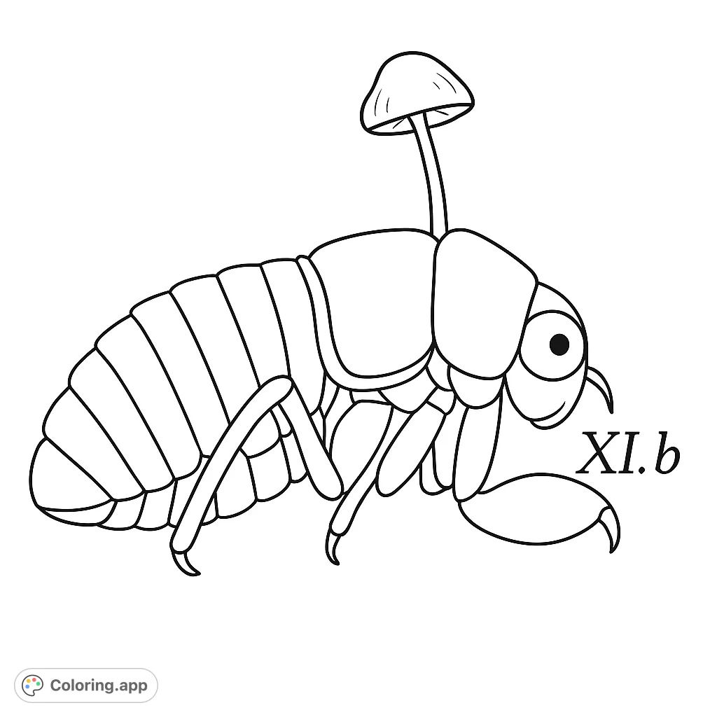 A unique segmented creature with a mushroom growing from its back, featuring large eyes and intricate body segments. A whimsical insect coloring page.