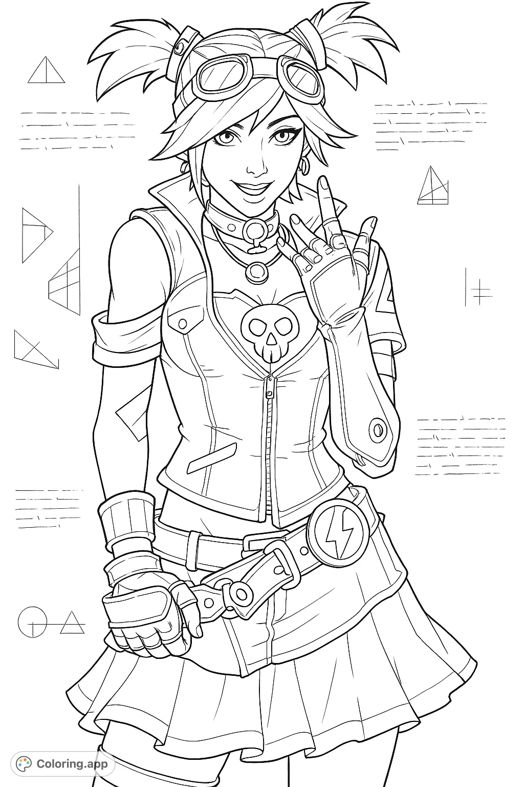 A dynamic character with a mechanical arm and goggles, set against a backdrop of technical schematics. Perfect for fans of sci-fi and unique designs.