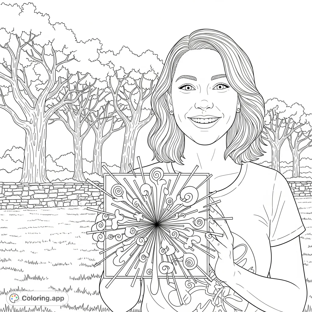 A smiling woman holds a dynamic abstract object, set against a detailed natural background with a textured stone wall and intricate bare trees. A unique abstract art coloring page.