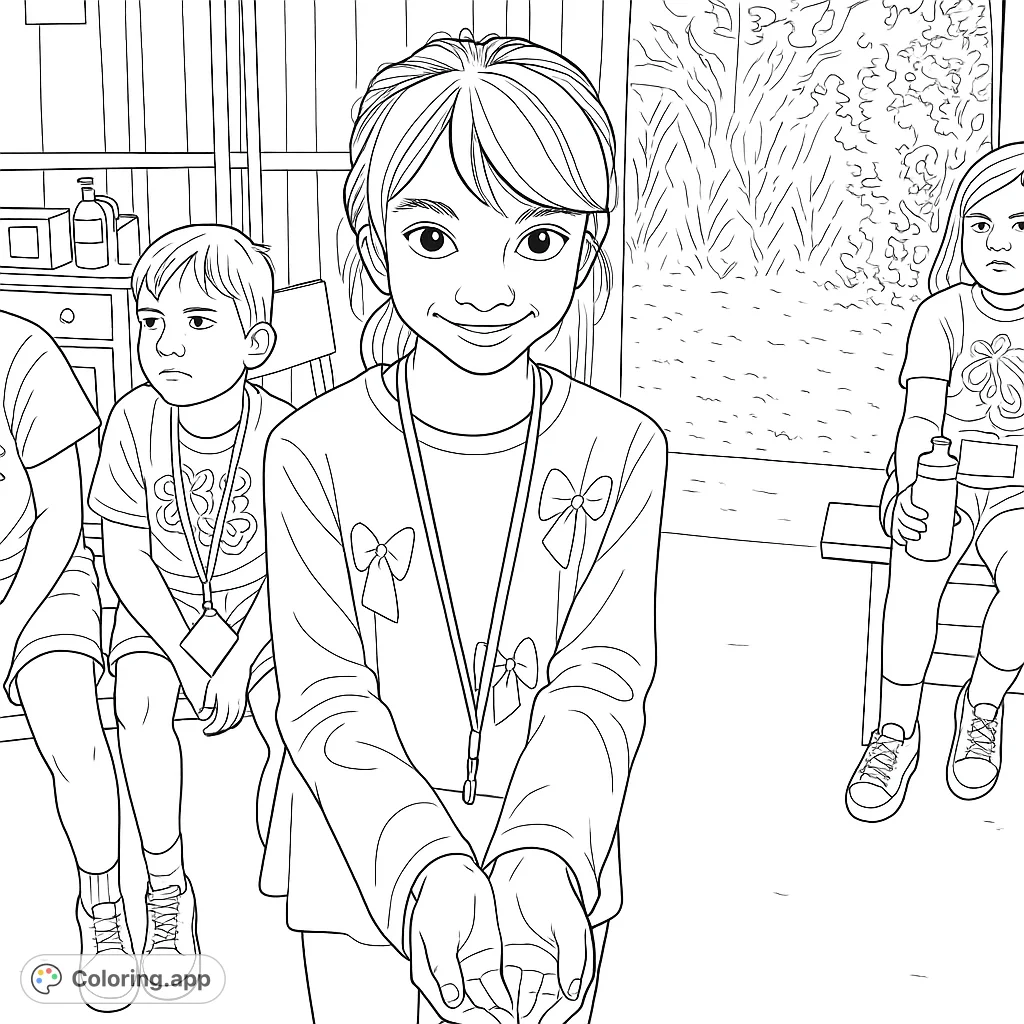 A cheerful young girl smiles, surrounded by friends in a rustic setting. A delightful scene for kids to color, capturing friendship and outdoor fun.