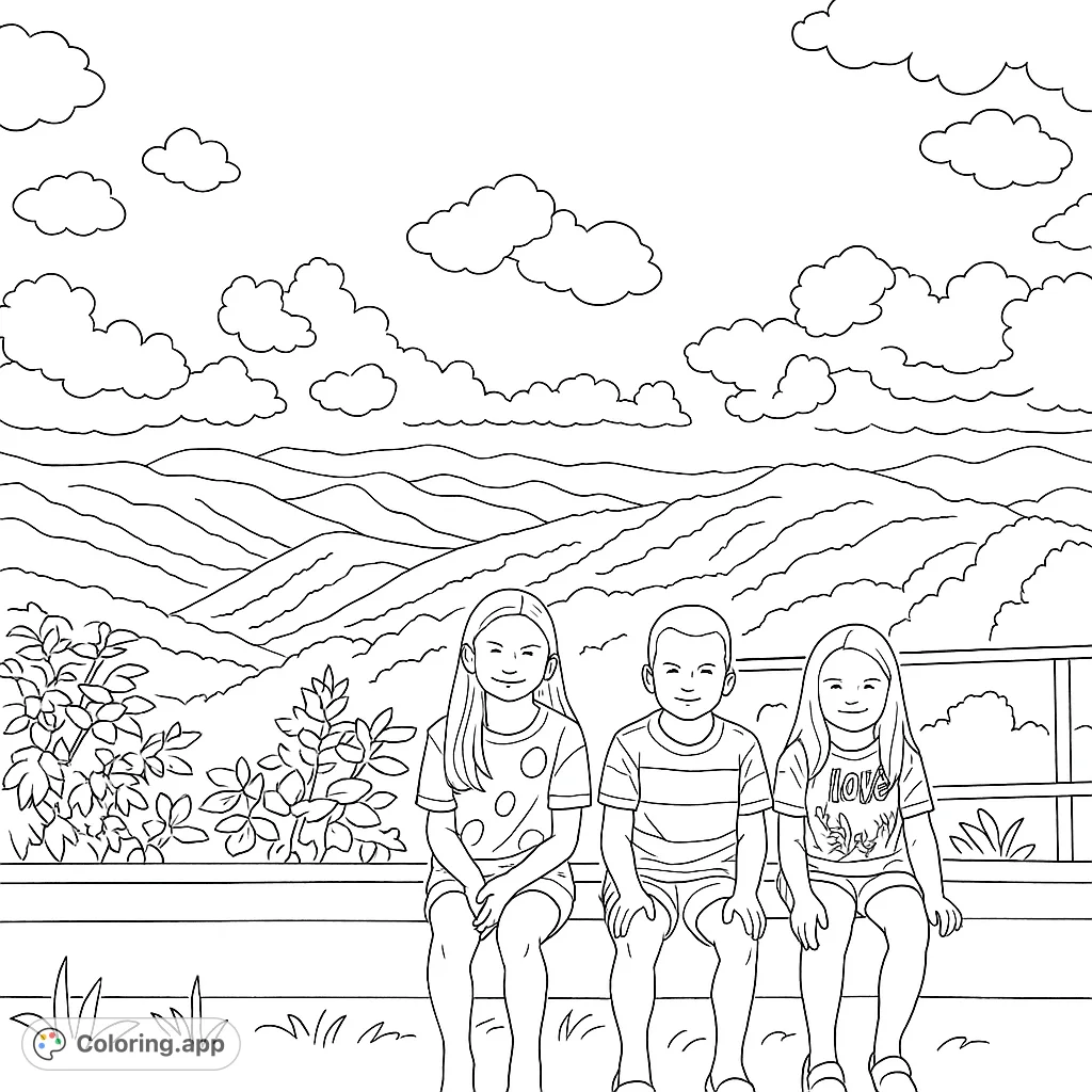 Three happy children sit on a railing, enjoying a breathtaking mountain vista with rolling peaks and a cloudy sky. A perfect nature scene for coloring.