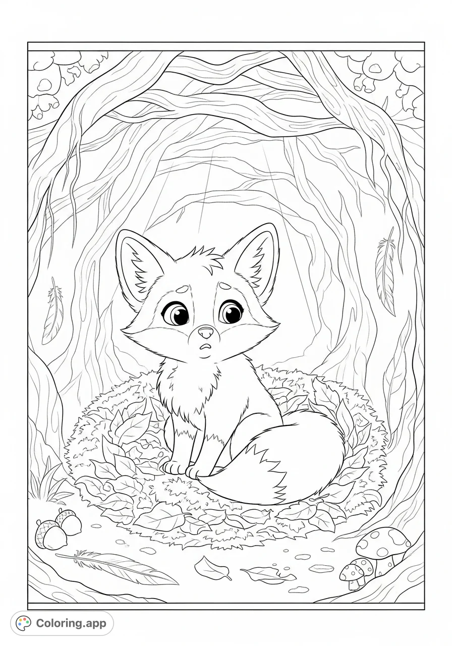 A fluffy fox, Luna, wakes in her cozy forest den, looking surprised at her fur's muted tone. A charming scene with roots, leaves, and forest treasures.
