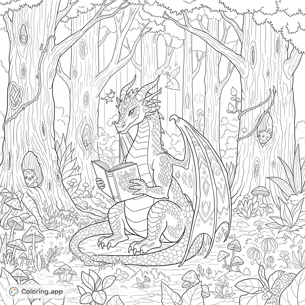 Discover a majestic dragon engrossed in a book amidst an ancient, magical forest. This intricate coloring page invites you to bring a whimsical fantasy scene to life.