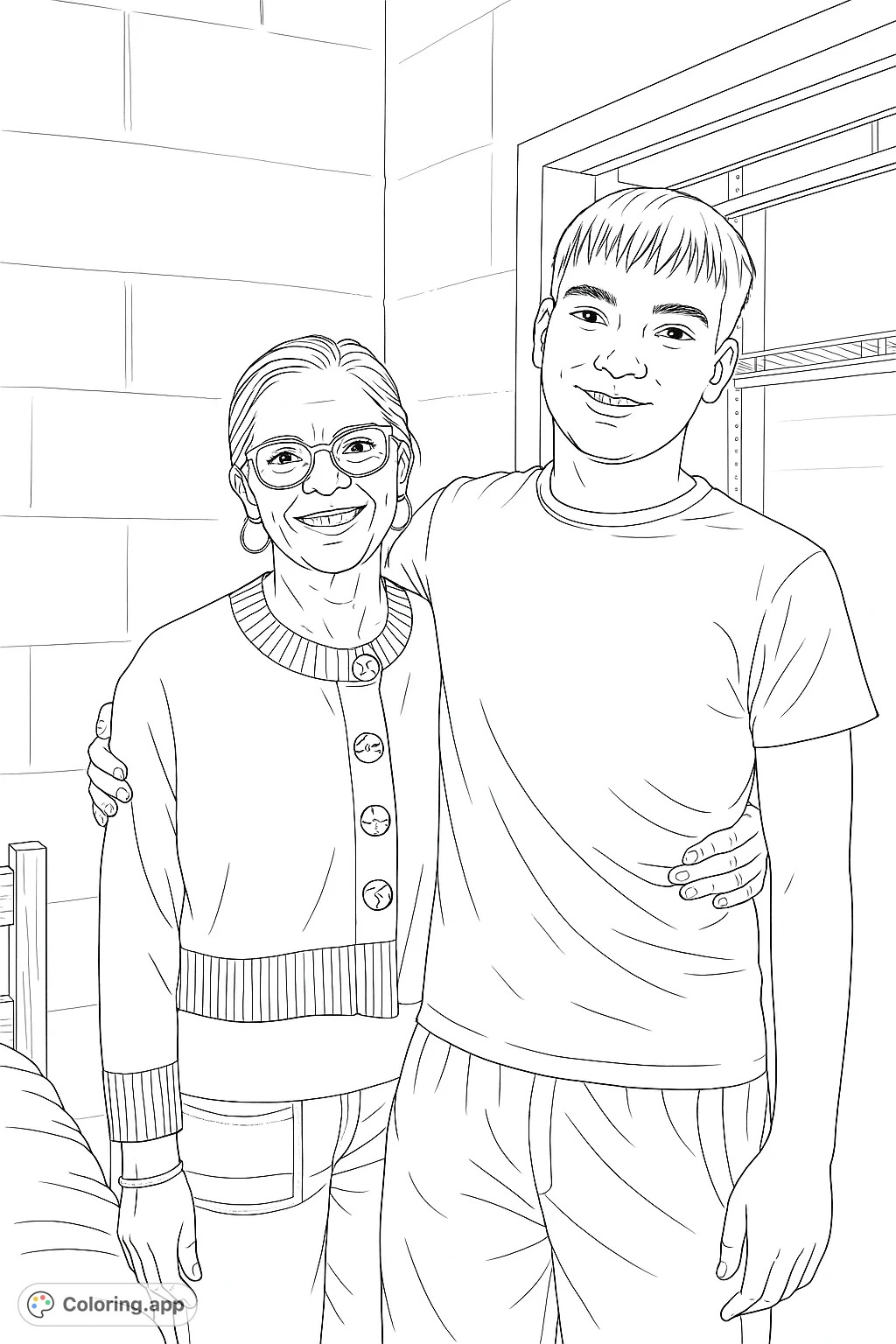 A heartwarming portrait of two smiling individuals, perfect for personalizing with your favorite colors. Features a woman in a cardigan and a man in a t-shirt.
