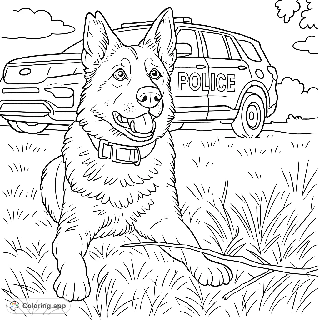 A brave K9 police dog rests in a field with a patrol vehicle in the background. A detailed scene for animal lovers and community hero enthusiasts.