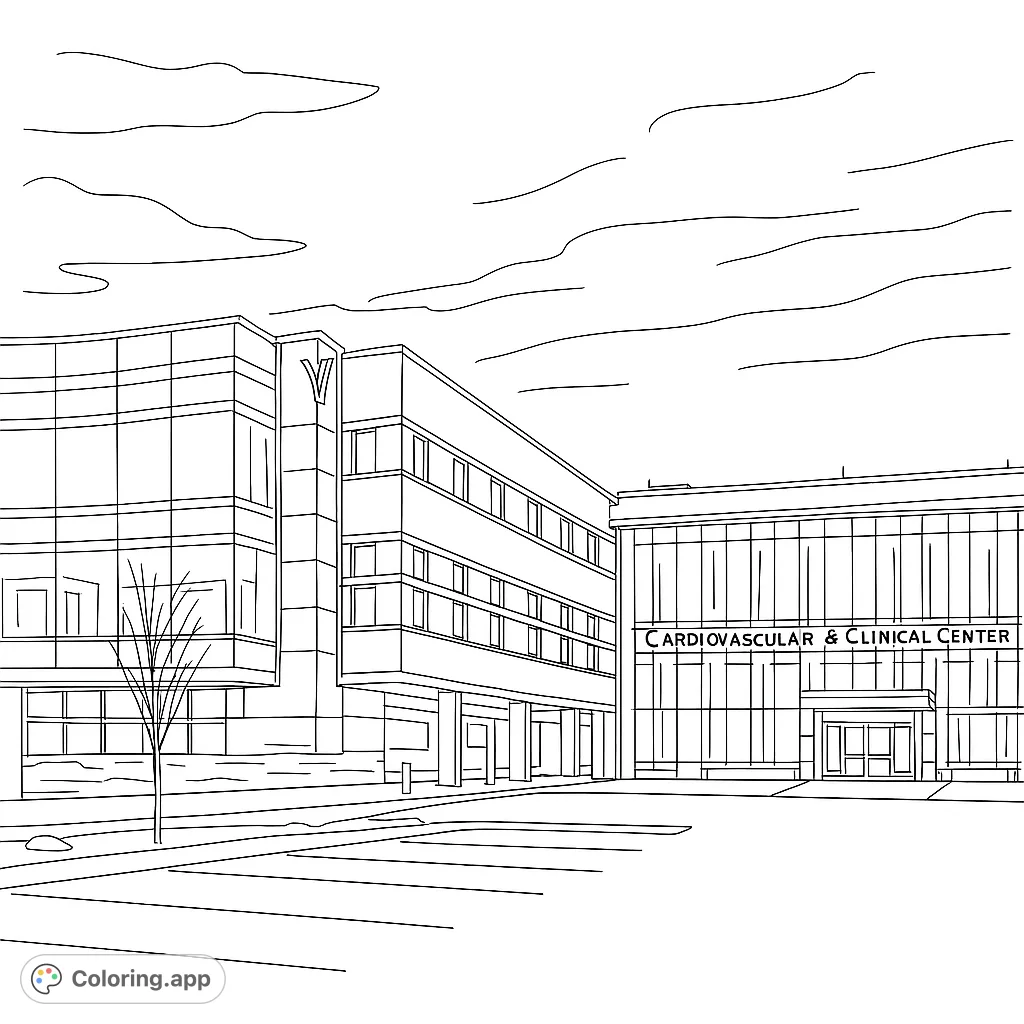 Explore a modern building with glass and brick architecture, a welcoming entrance, and a spacious parking area, perfect for detailed coloring.