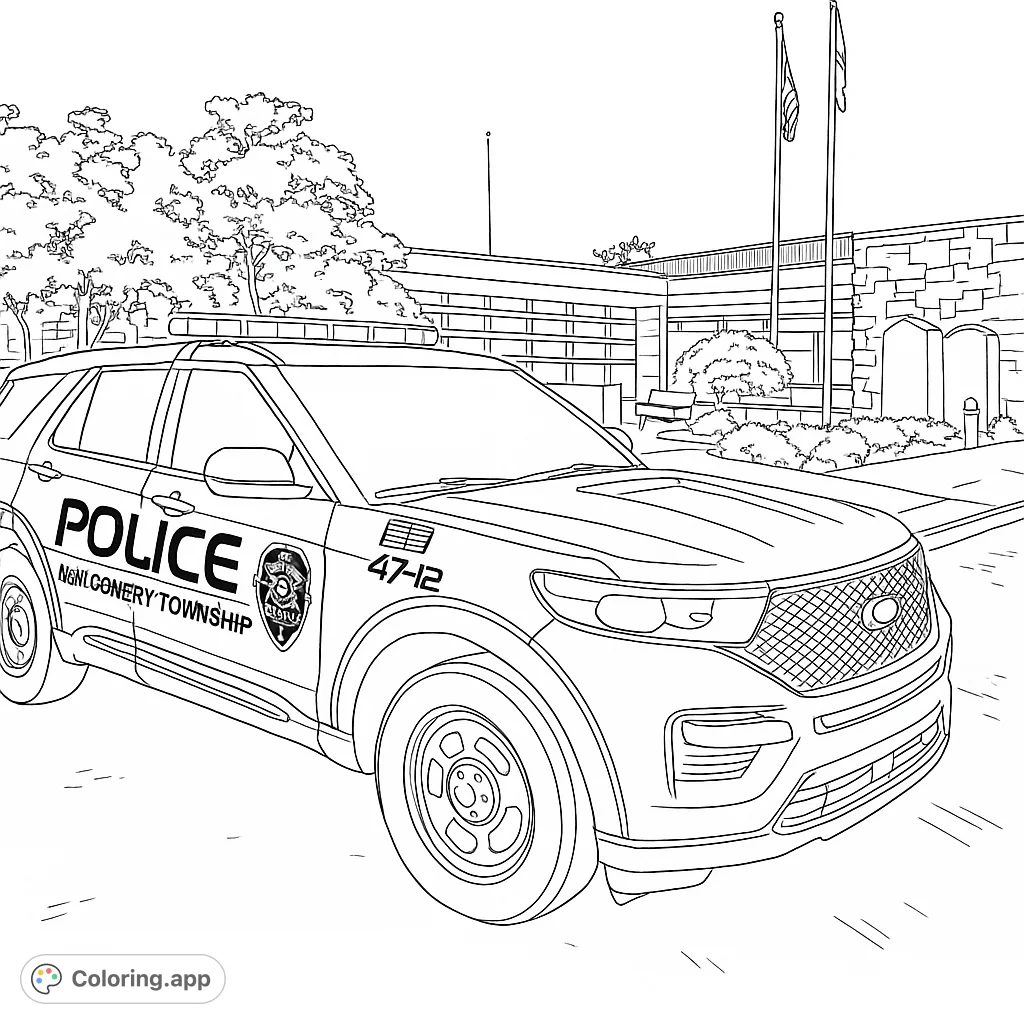 Color a detailed police SUV with official markings, set against a municipal building with flags. A realistic law enforcement vehicle coloring page.