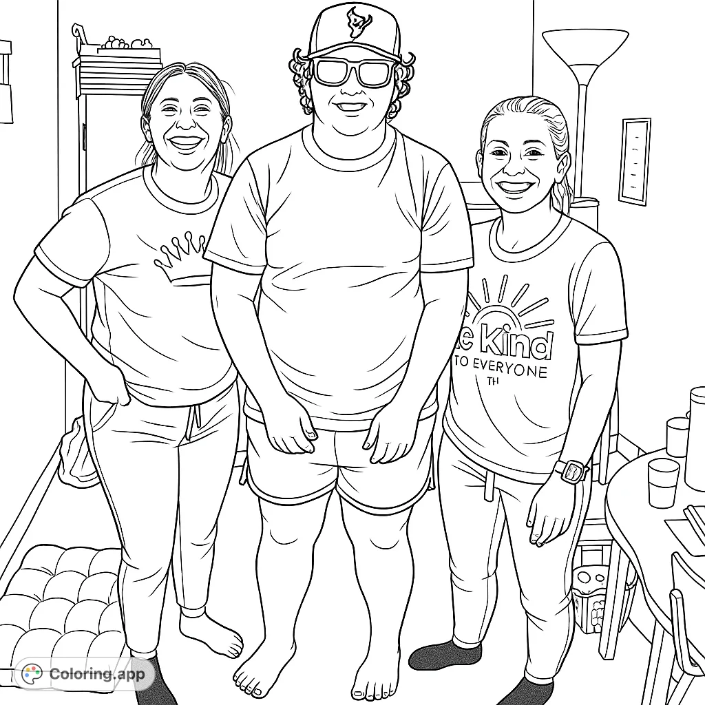 A cheerful group of three friends smiling together, perfect for a happy group coloring page. Features detailed clothing and a cozy indoor setting.