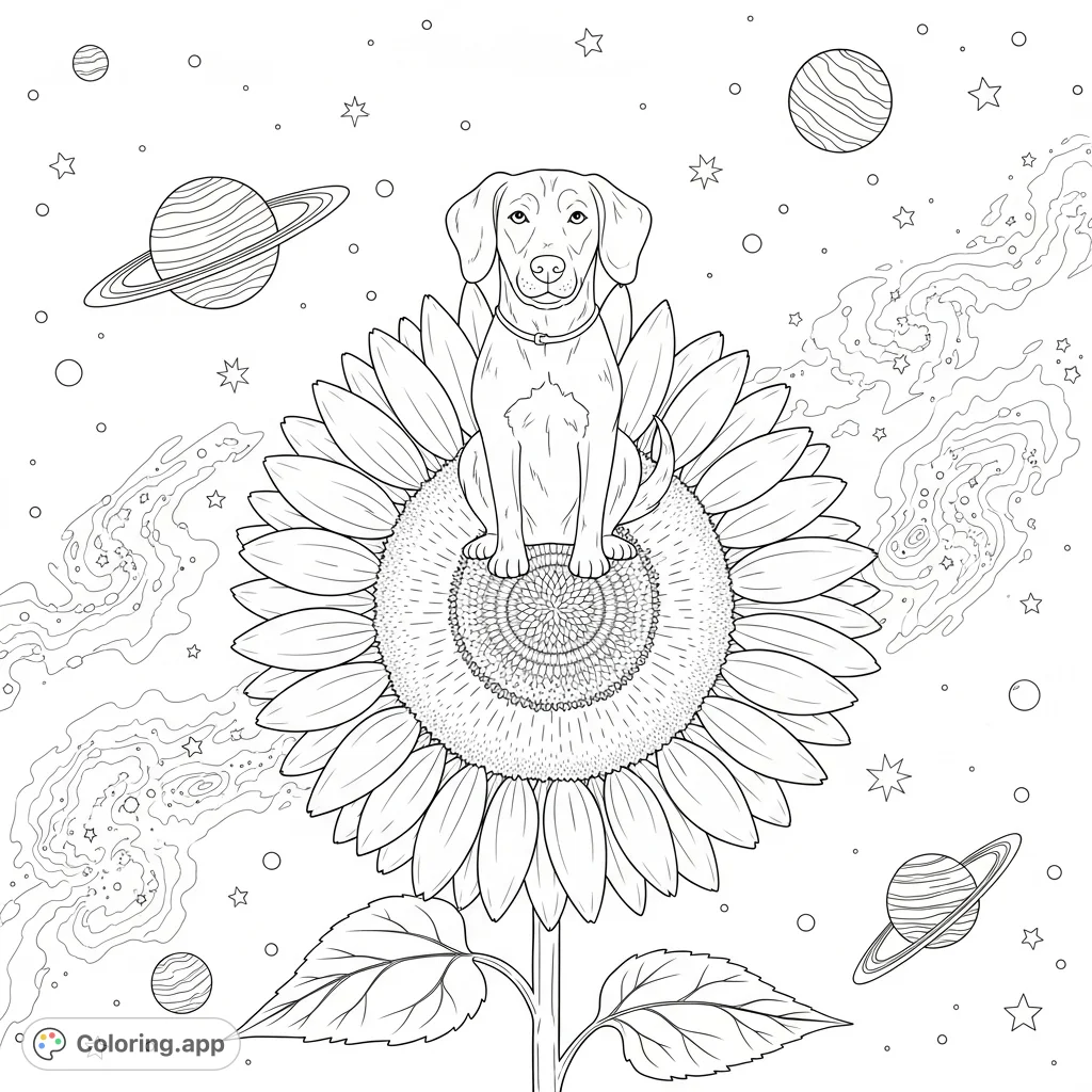 Embark on a whimsical journey with a friendly dog perched on a giant sunflower amidst a starry cosmic landscape. A unique and imaginative coloring adventure.