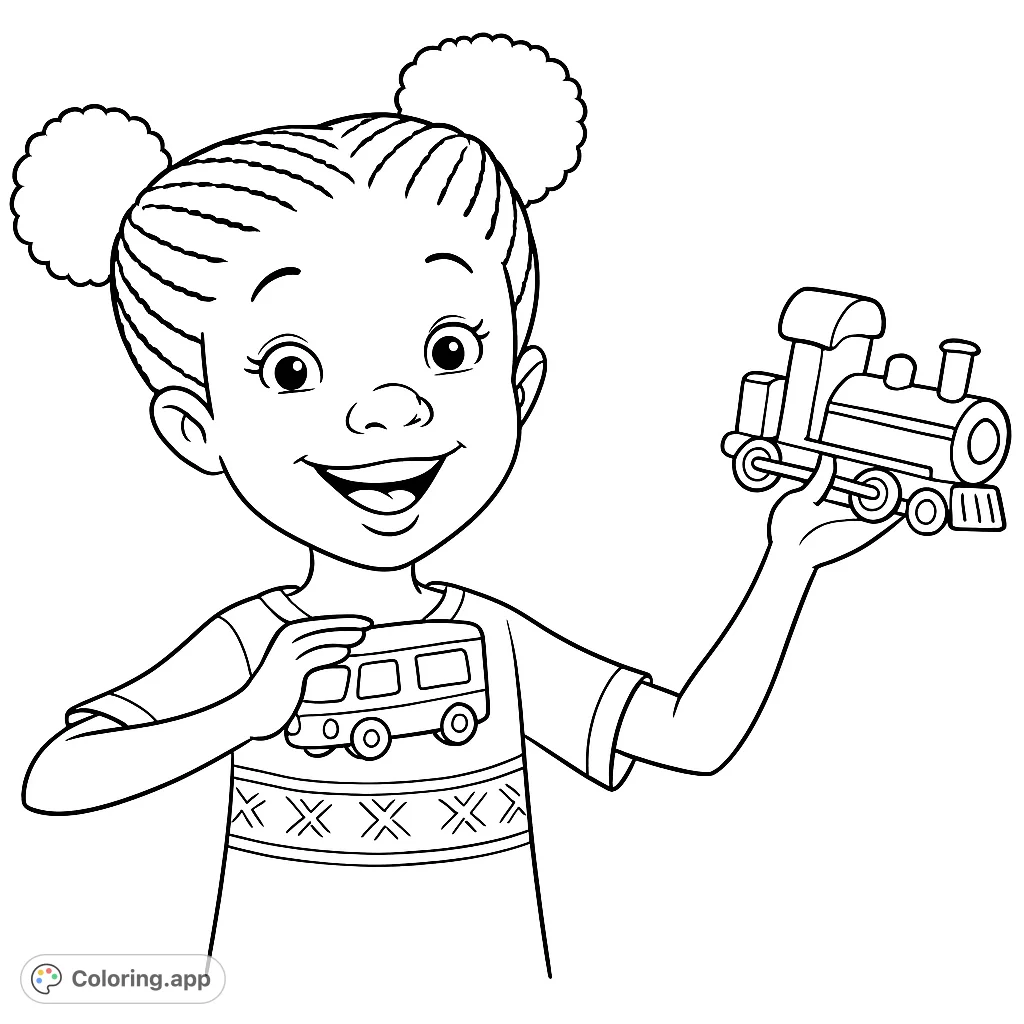 A cheerful girl with braided hair holds two toy trains, ready for a fun coloring adventure. Perfect for young train enthusiasts and creative minds.