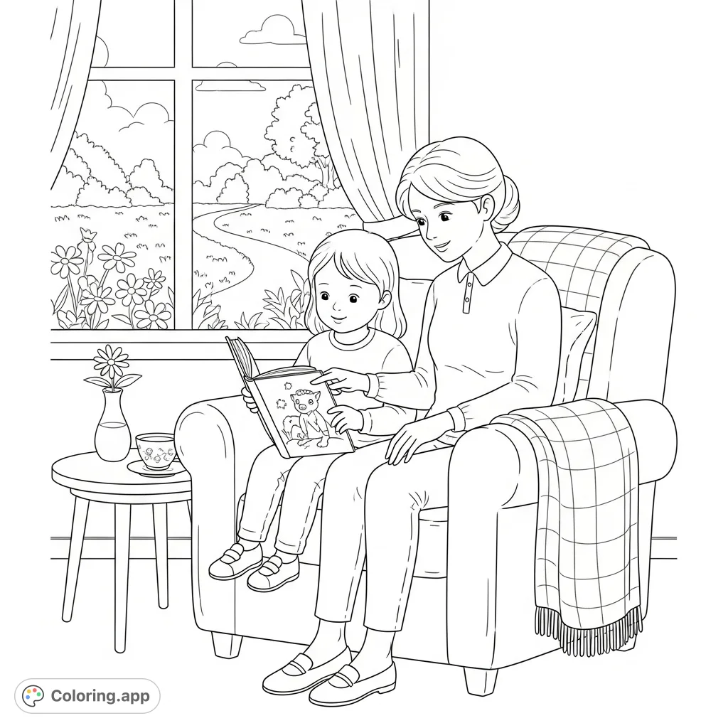A heartwarming scene of a child and an adult sharing a book in a peaceful room, fostering comfort and connection. A gentle hospice coloring page for kids.