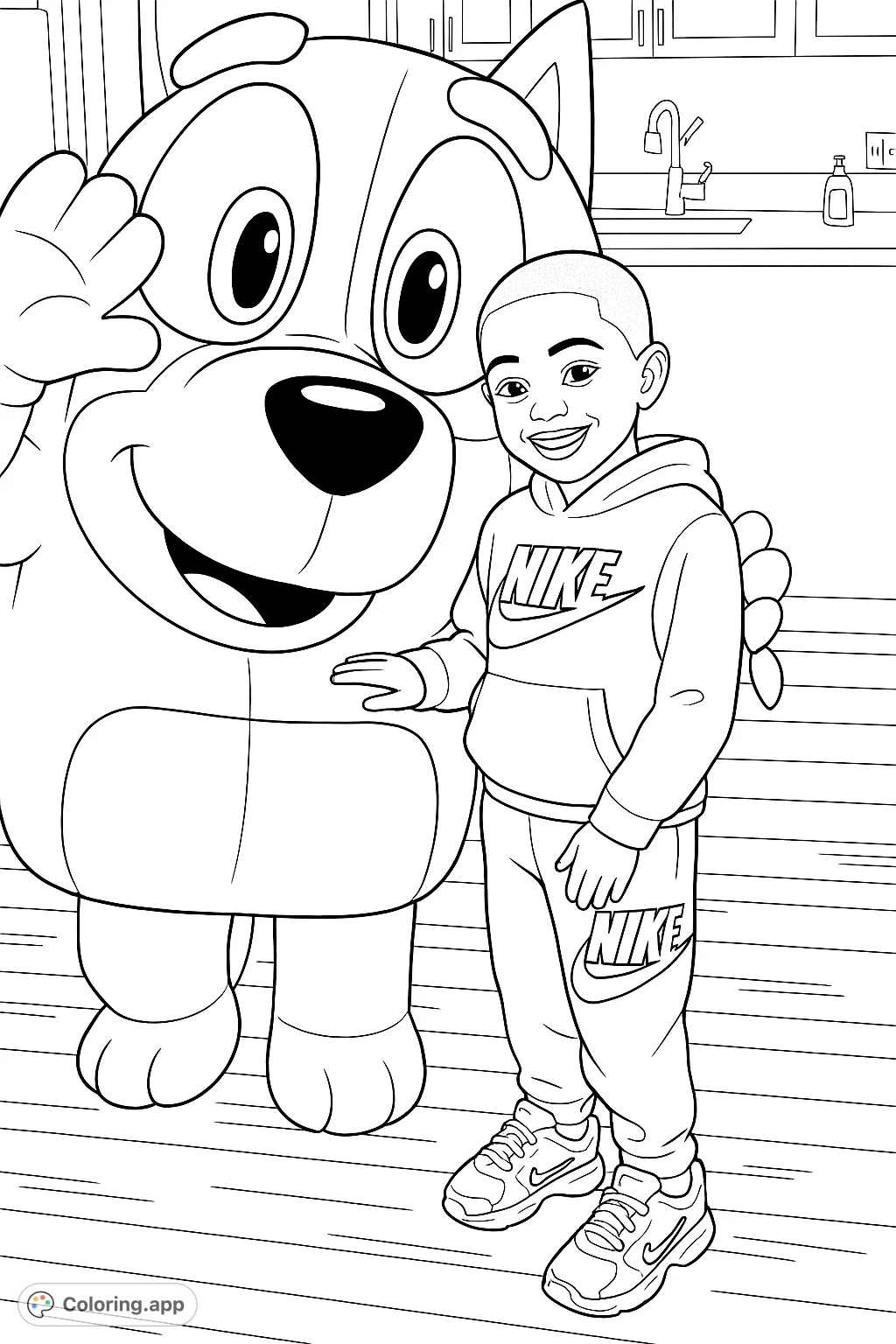 A joyful child poses with a friendly cartoon dog mascot, ready for a fun coloring adventure. Perfect for kids and fans of animated characters.