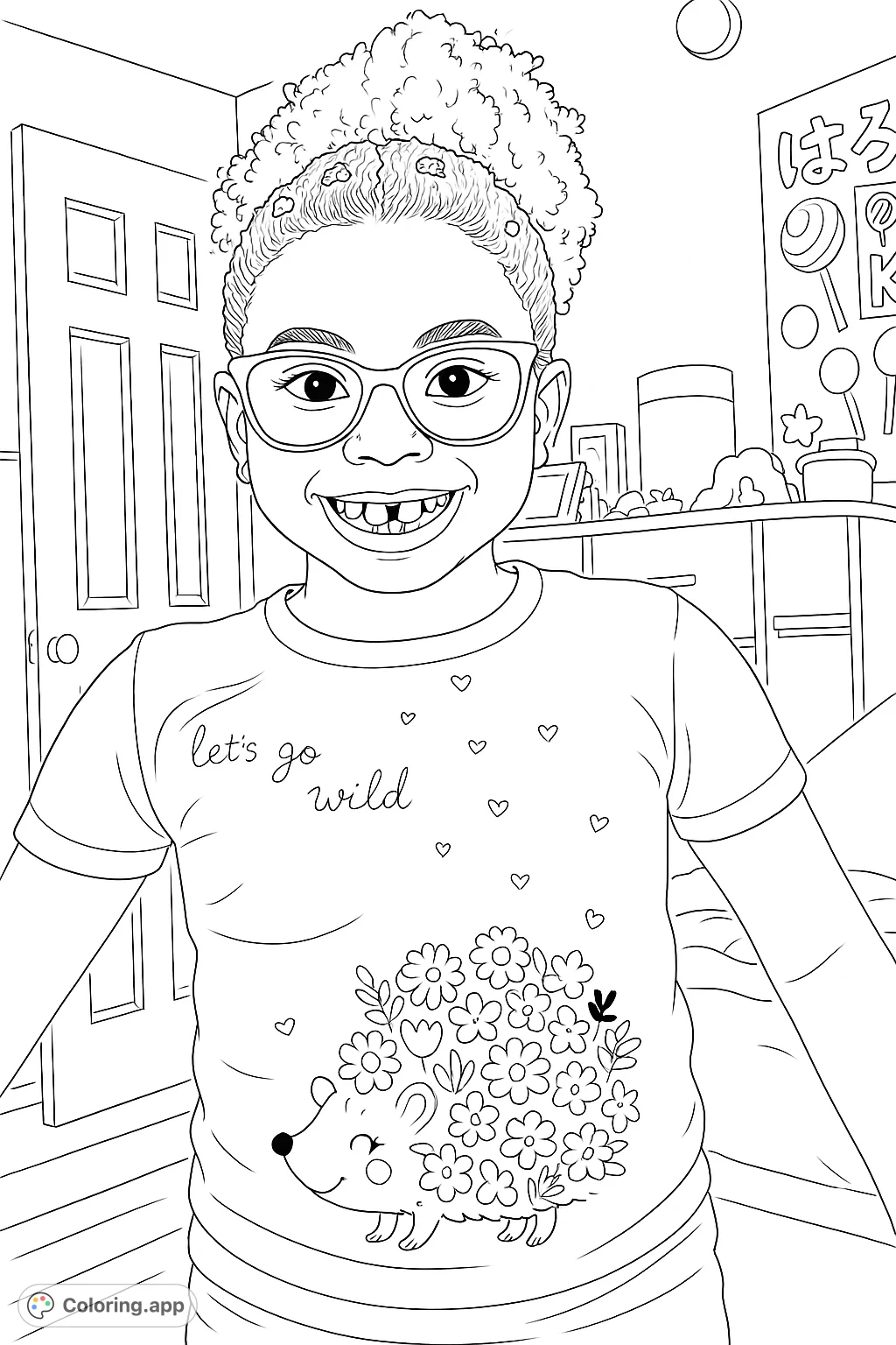 A cheerful girl with glasses and a missing tooth, wearing a fun floral and hedgehog-themed shirt, ready for a creative coloring adventure.