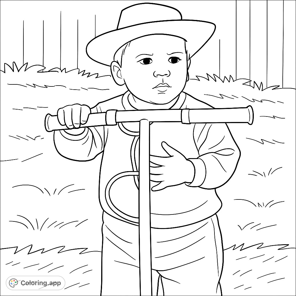 A charming coloring page featuring a child in a hat, holding a scooter with a medical instrument, set against a simple outdoor background.