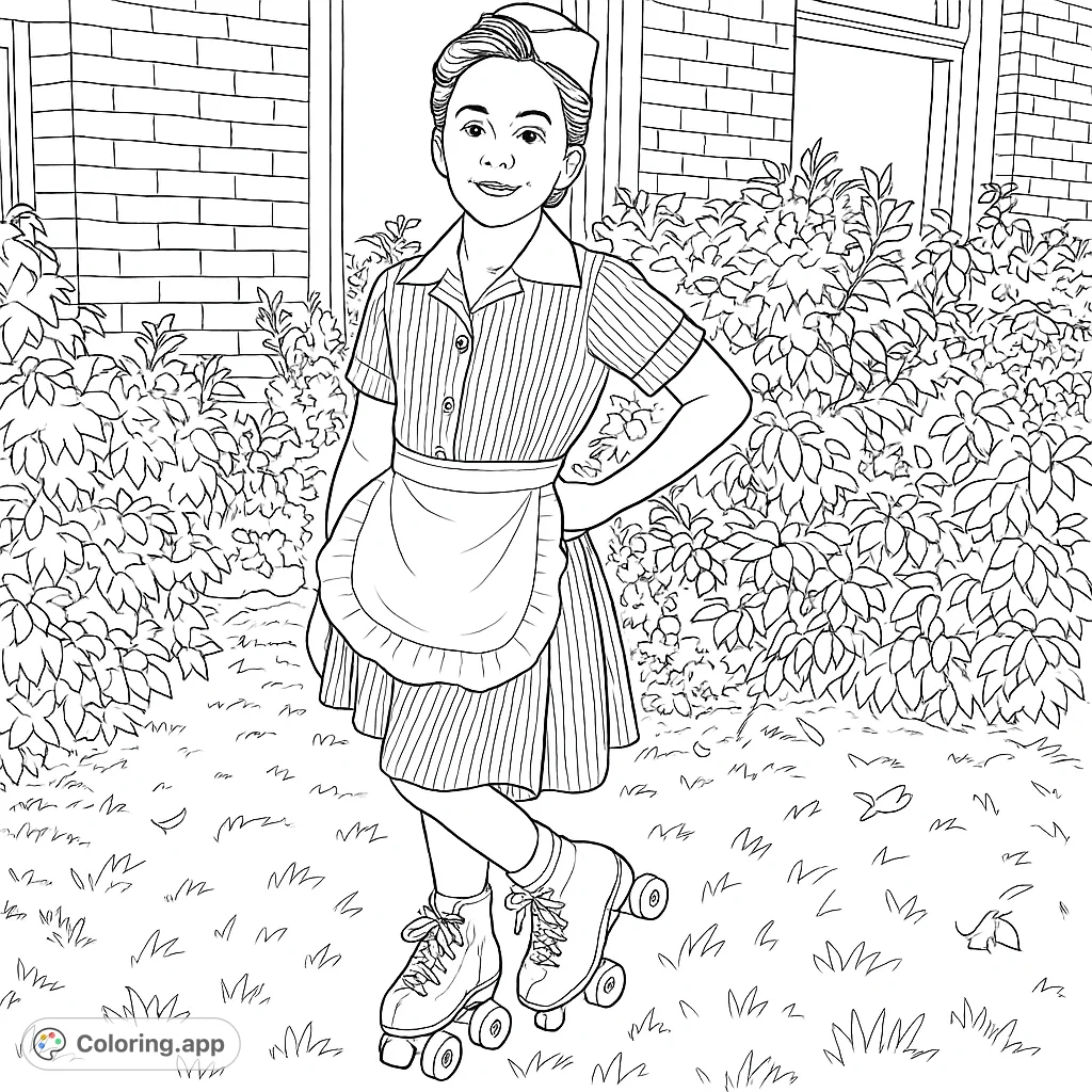 Step back in time with this retro diner uniform coloring page, featuring a young person on roller skates. Perfect for vintage style enthusiasts!