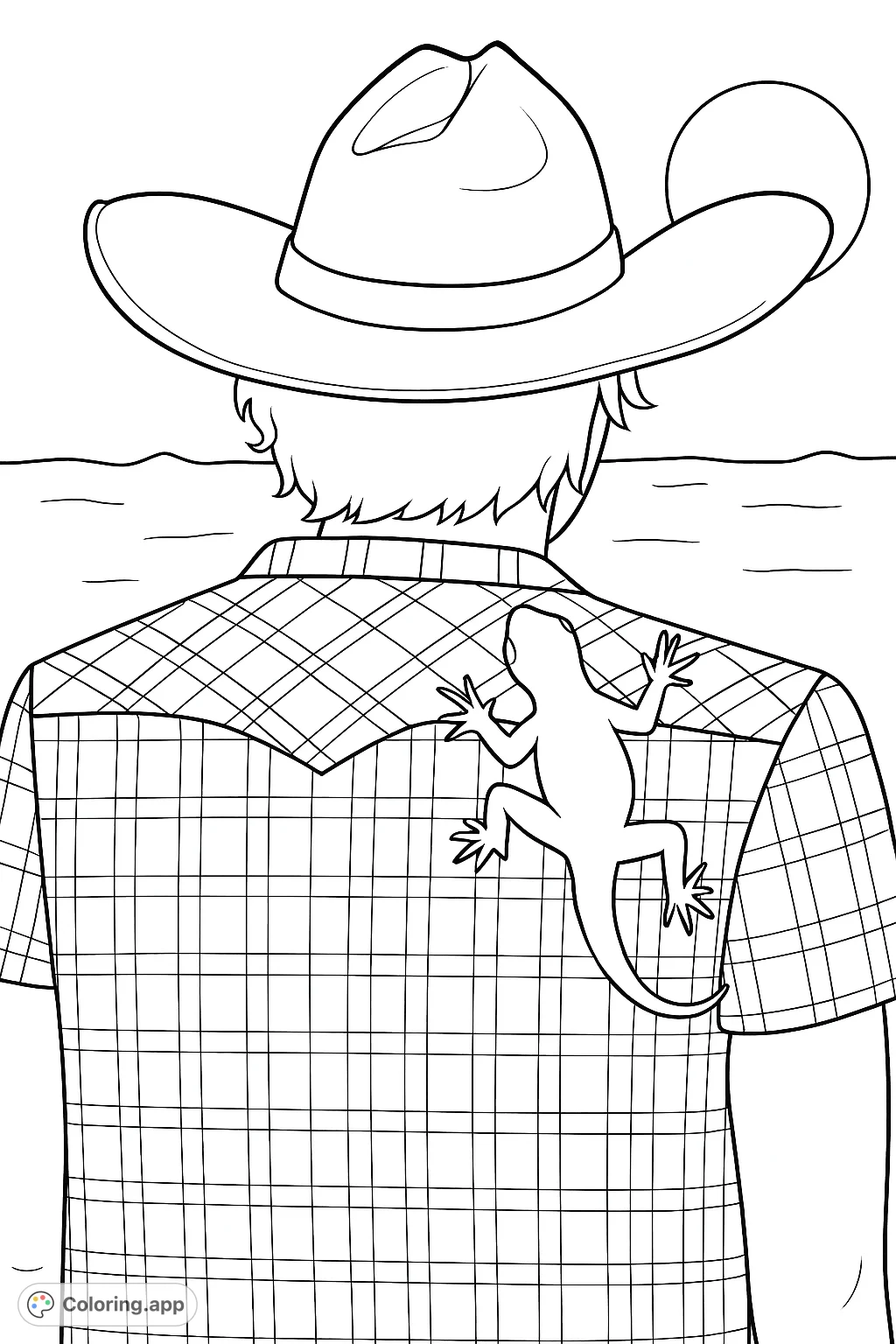 A person in a cowboy hat with a lizard on their plaid shirt, gazing at the horizon under a large sun. A unique and contemplative scene.