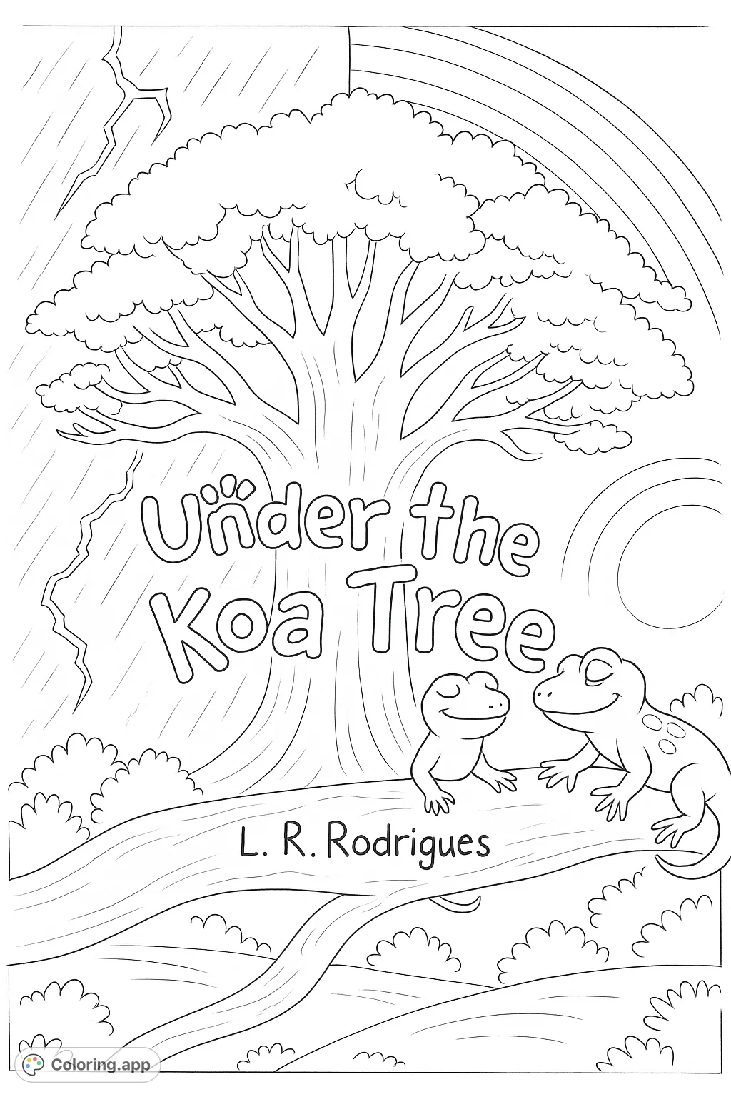 A captivating tree scene split between storm and sunshine, featuring two friendly lizards on a branch. A unique nature coloring page for all ages.