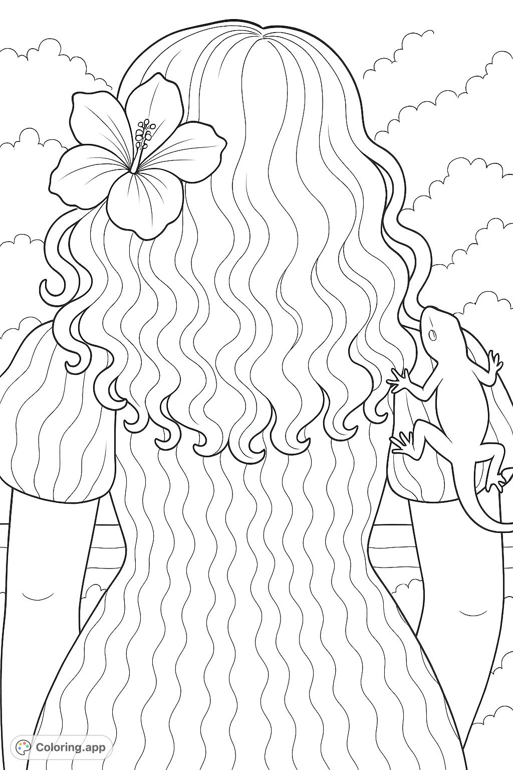 A serene tropical scene featuring a person with wavy hair adorned with a large flower, and a friendly lizard companion. Perfect for a relaxing coloring escape.