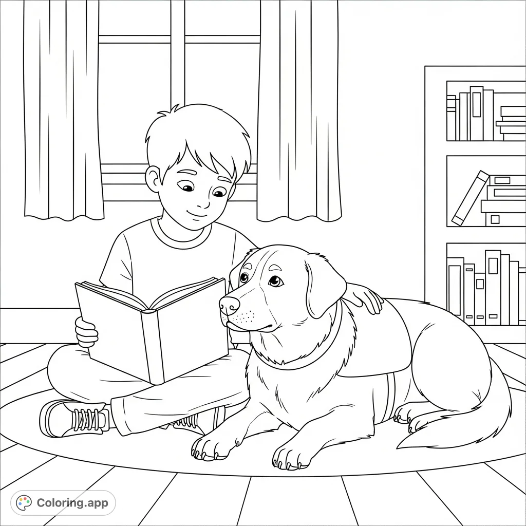 A heartwarming therapy dog coloring page featuring a boy reading aloud to a calm, attentive dog in a cozy room, perfect for quiet moments.