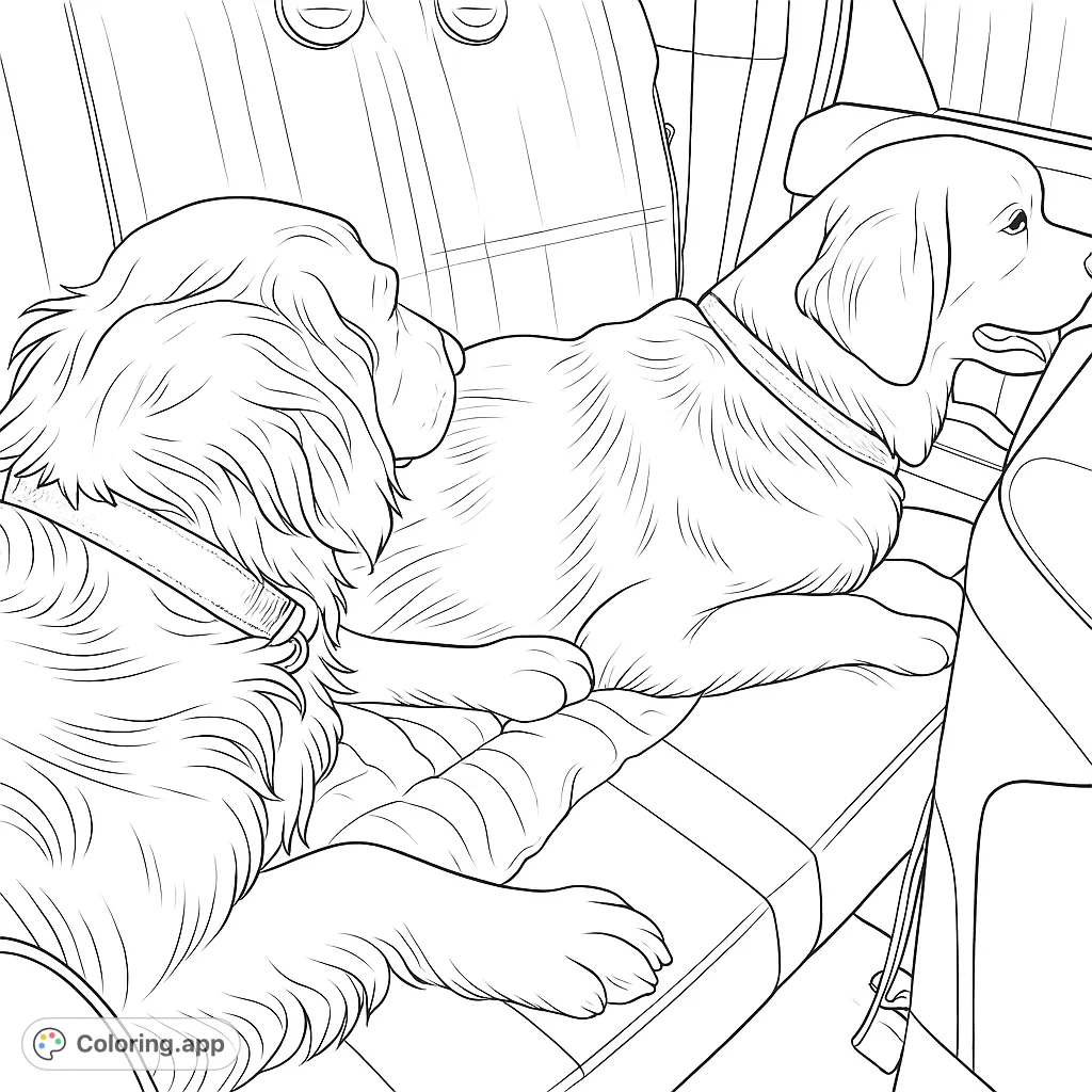 Two adorable dogs on a car journey, featuring detailed fur textures, collars, and car interior elements. A delightful scene for animal lovers to color.