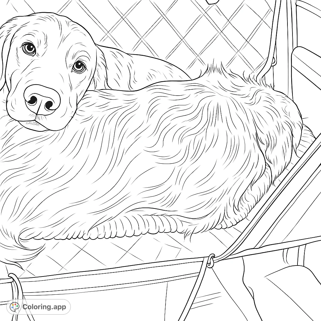 An adorable puppy rests its head on a cozy car seat, looking out with sweet, expressive eyes. A heartwarming scene for dog lovers to color.