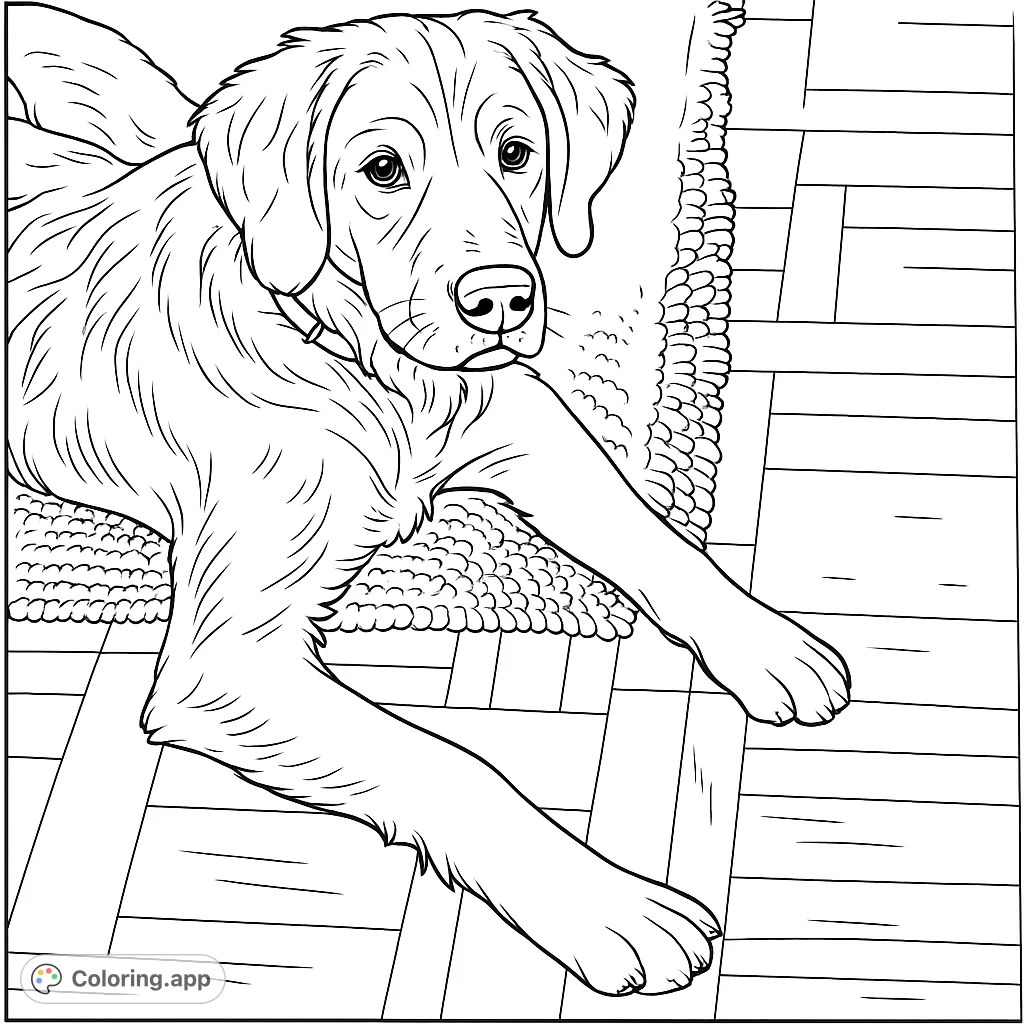 A charming retriever rests peacefully on a textured mat, offering a delightful and relaxing coloring experience for animal lovers. Perfect for all ages.
