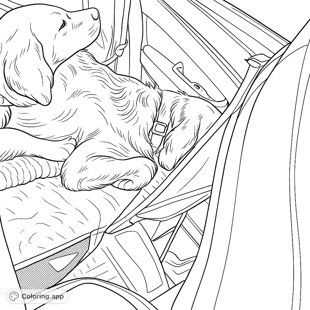 A peaceful dog rests in a car's back seat, secured in a pet hammock. Perfect for animal lovers and road trip enthusiasts.