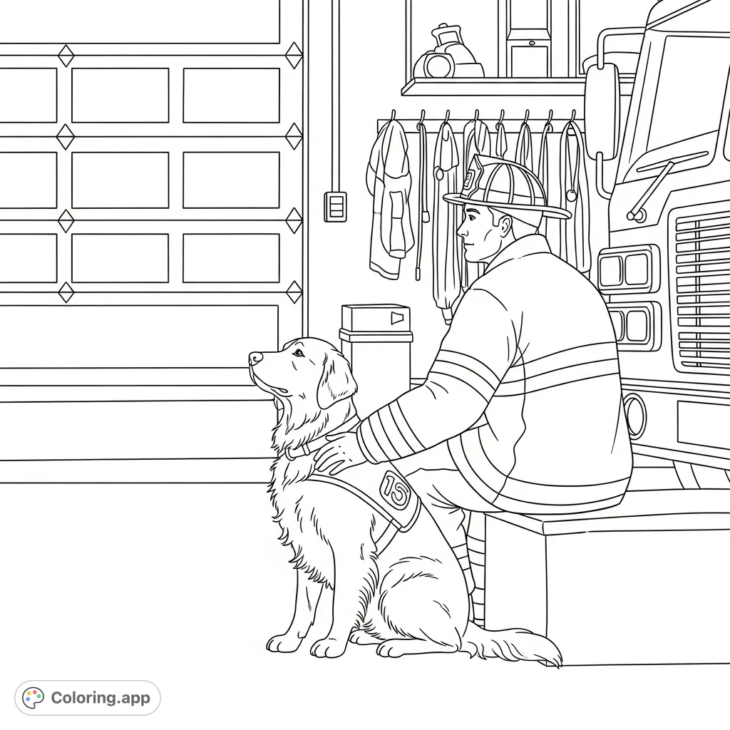A heartwarming scene of a Golden Retriever therapy dog comforting a firefighter inside a fire station. Perfect for a free printable coloring page.