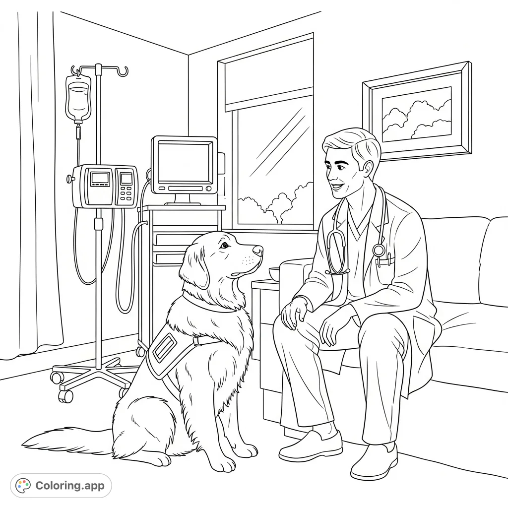 A heartwarming scene featuring a friendly doctor talking to a Golden Retriever service dog in a hospital, offering comfort and care.