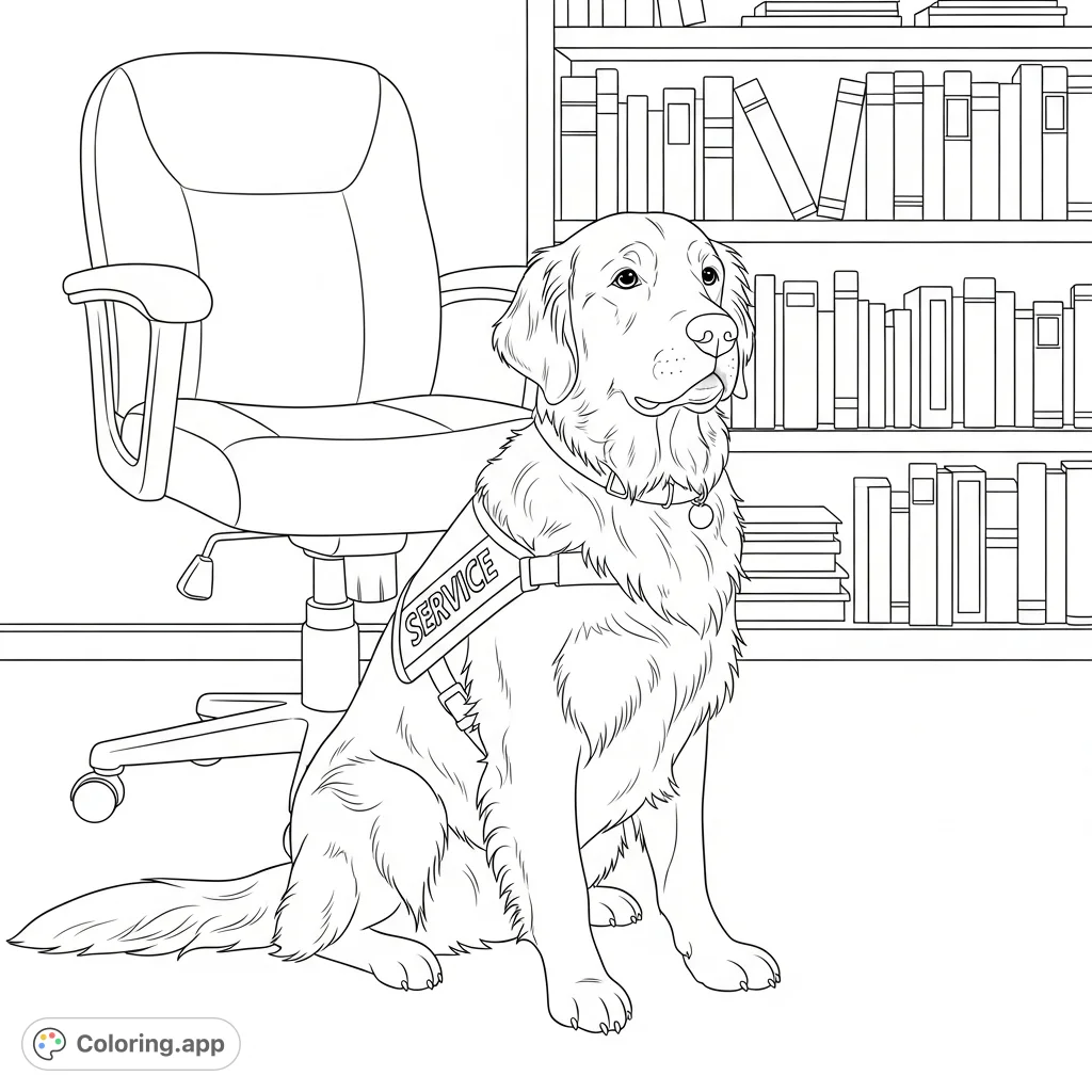 A loyal Golden Retriever service dog rests beside an office chair with books in the background, ready for a relaxing coloring session.
