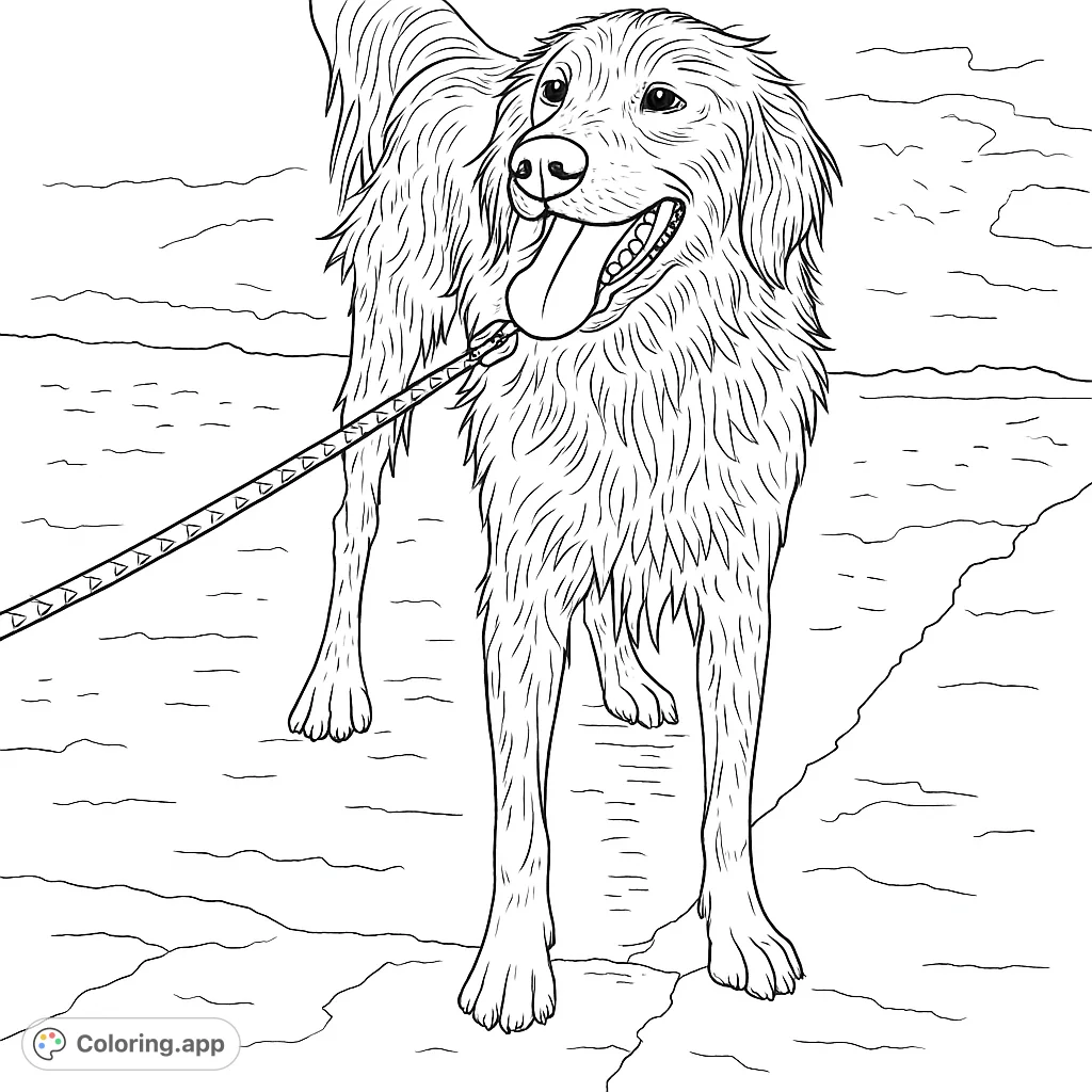 A joyful, wet dog stands on a textured surface, tongue out, ready for fun. Perfect for dog lovers to color and bring to life.