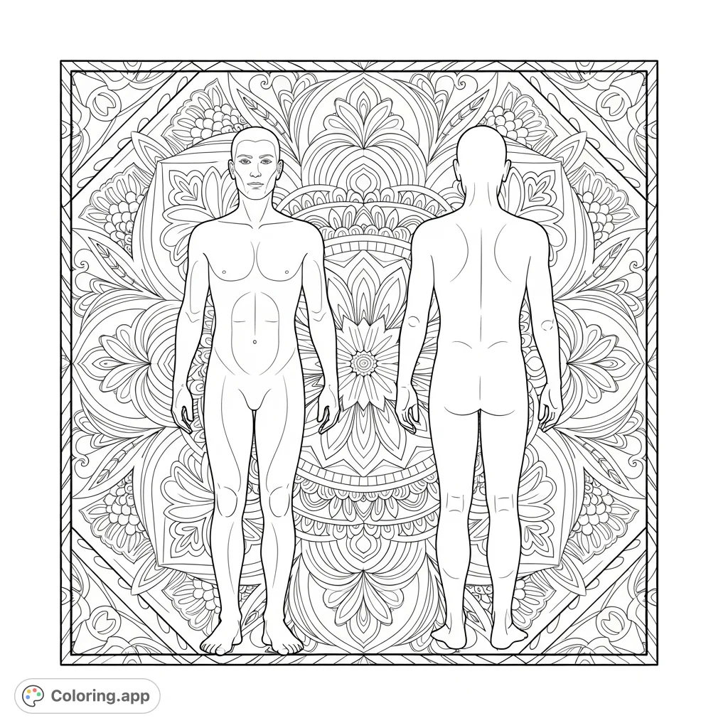 Explore human anatomy and intricate patterns with this unique coloring page. Features front and back views of a figure framed by a detailed mandala.