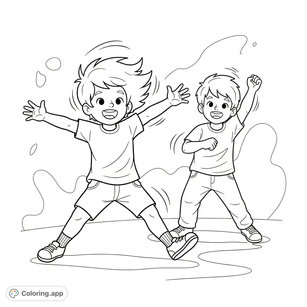 A dynamic stress relief coloring page featuring children joyfully shaking out energy. Perfect for emotional expression and mindfulness.