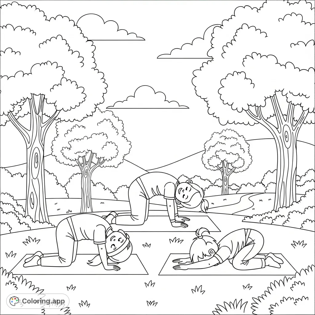 Discover a peaceful children doing yoga coloring page. Kids in cat/cow and child's pose in a park, perfect for mindfulness and creativity.