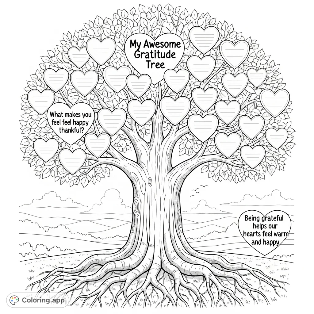 A beautiful gratitude tree with heart-shaped leaves for personal reflections, set against a peaceful landscape. Perfect for expressing thankfulness.
