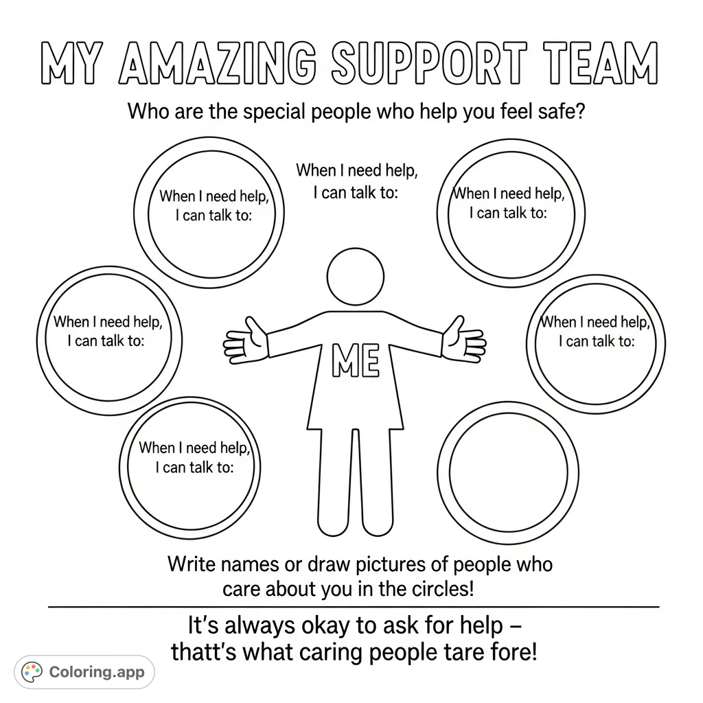 An encouraging coloring page featuring a central "ME" figure, surrounded by frames to identify a personal support team. Promotes safety and asking for help.