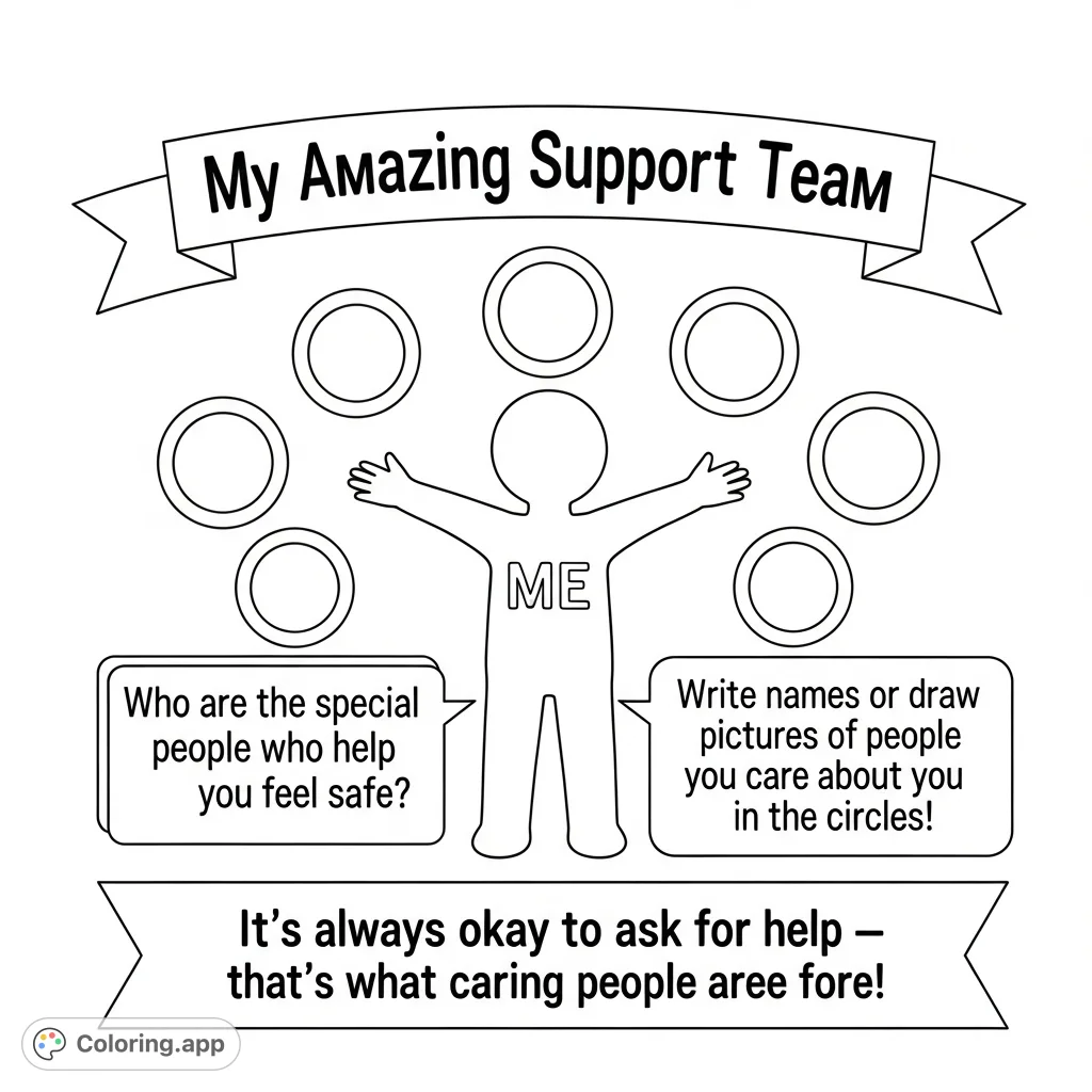A heartwarming coloring page featuring a central 'ME' figure, interactive circles for support team members, and positive messages about asking for help.