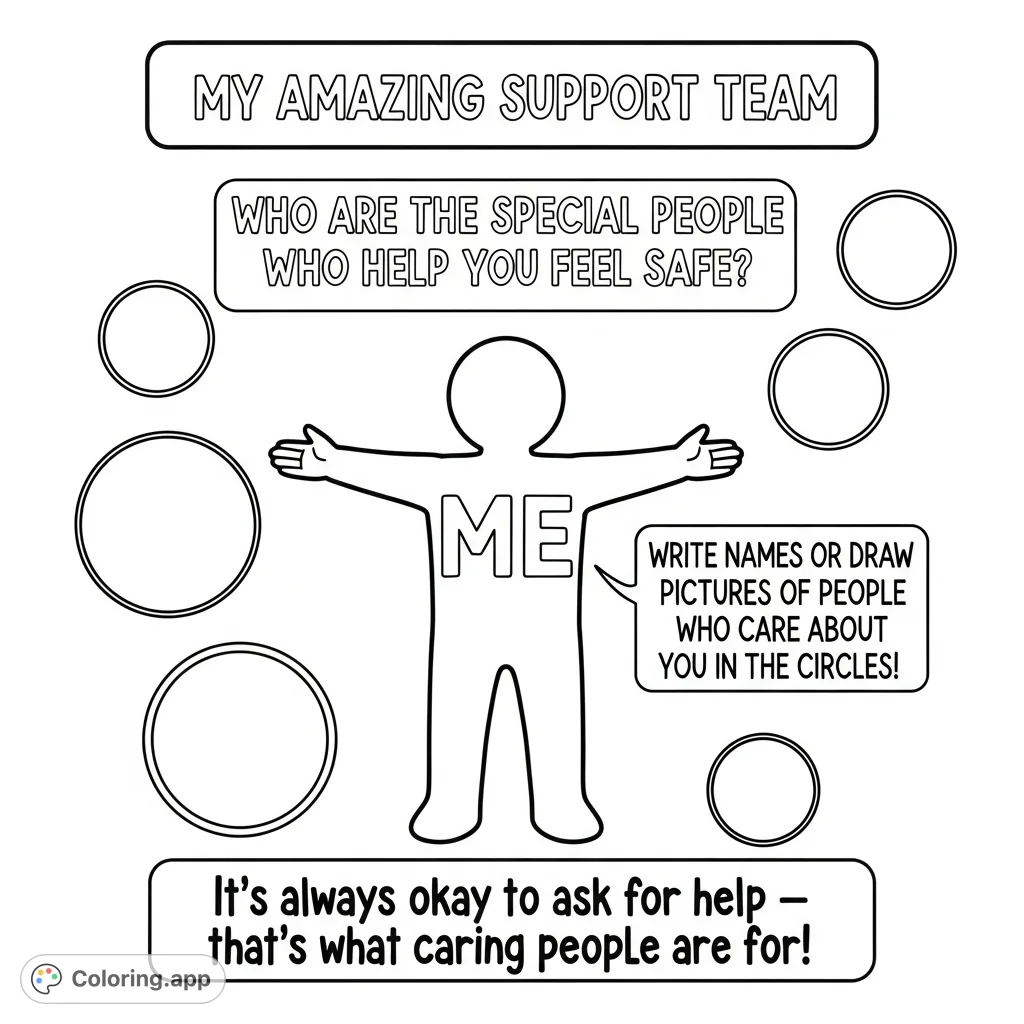 Discover your support network! A central figure with open arms is surrounded by circles for names or drawings of caring people, promoting safety and asking for help.