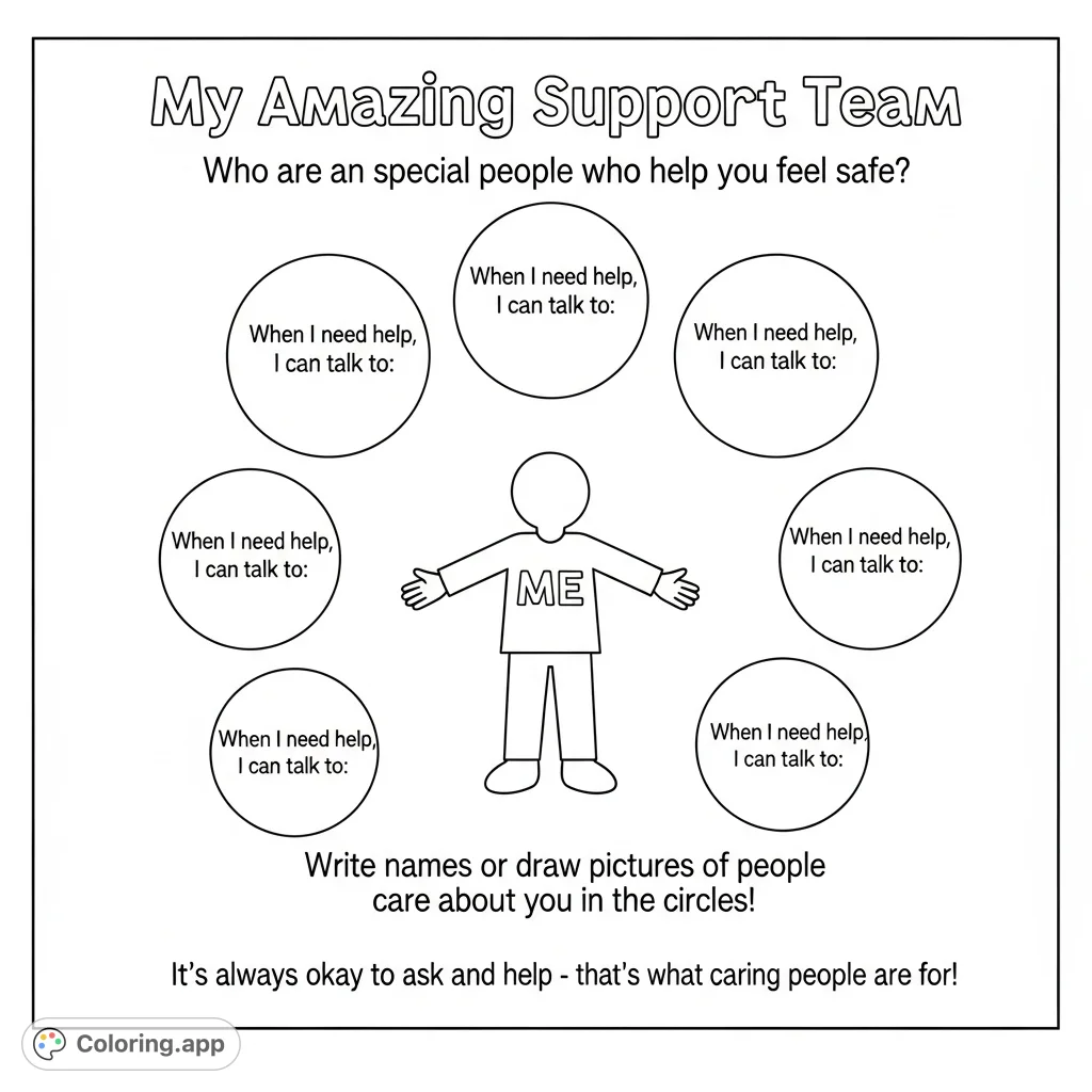 An encouraging coloring page featuring a central 'ME' figure, surrounded by frames for a 'Support Team' and positive messages about asking for help.