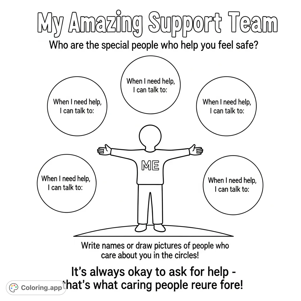 An encouraging coloring page featuring a central "ME" figure, surrounded by frames to identify a personal support team. Promotes safety and asking for help.