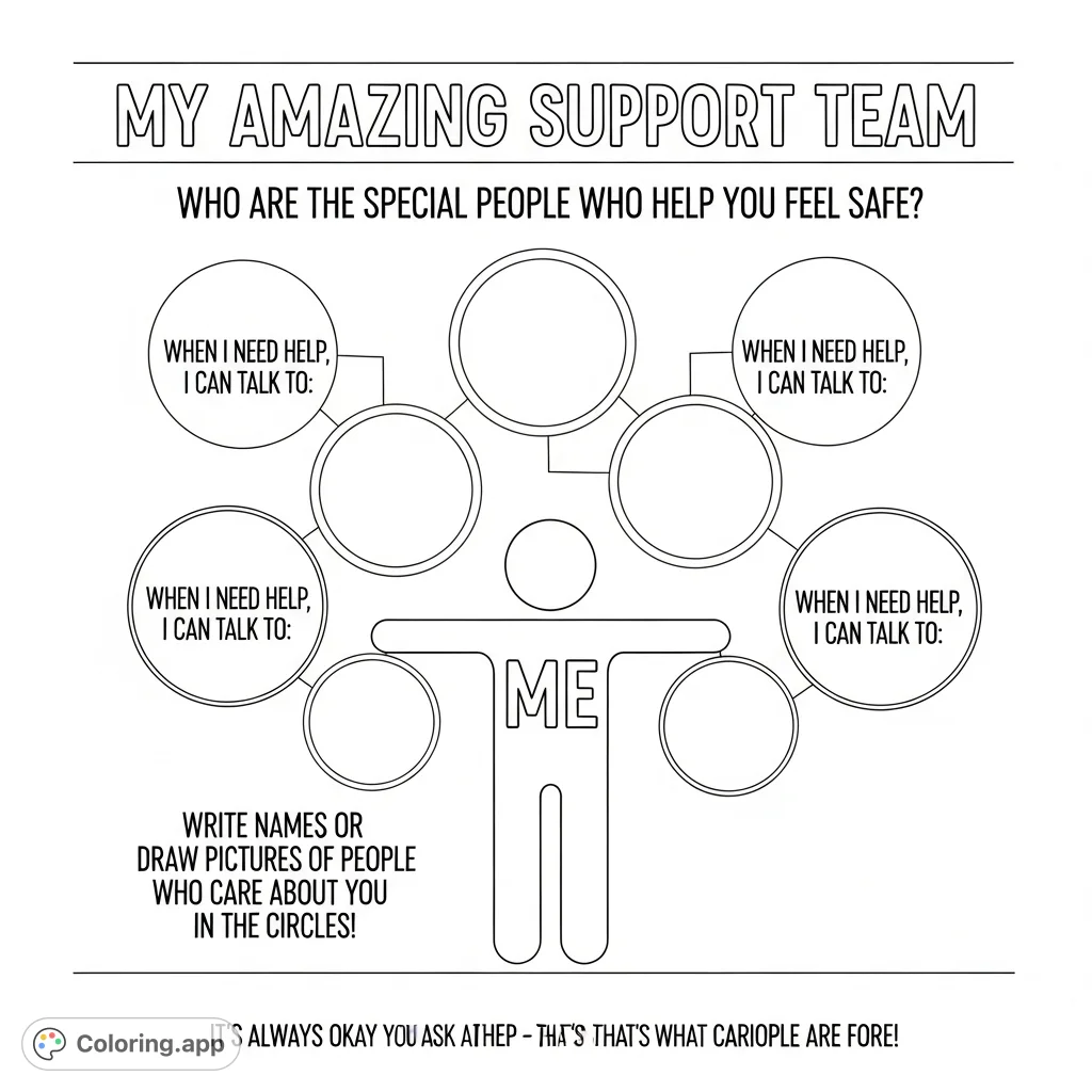 Discover your personal support network! This interactive coloring page features a central 'ME' figure and frames to fill with caring people.