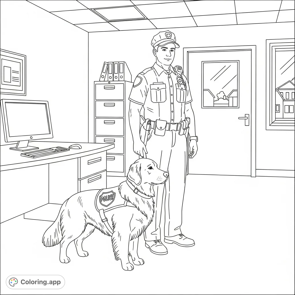 A heartwarming Golden Retriever therapy dog with a police officer inside a bustling police station, ready for a free printable coloring page adventure.