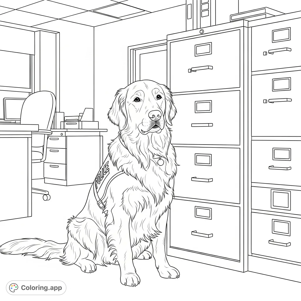 A heartwarming Golden Retriever therapy dog coloring page, featuring a gentle canine companion in a police station office next to a file cabinet.