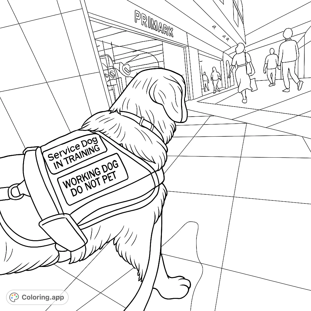 A dedicated service dog in training explores a vibrant shopping mall, ready for its next task. A unique and inspiring scene for all ages.