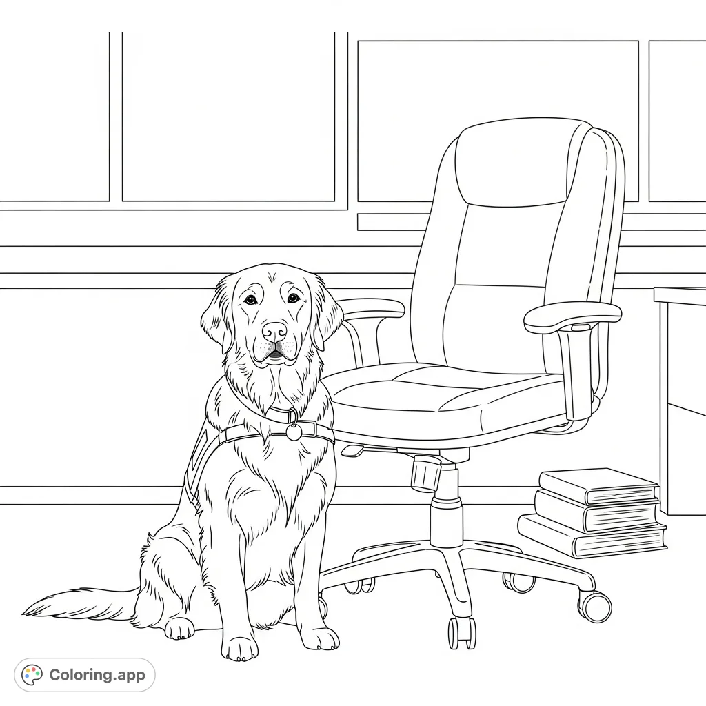 A heartwarming golden retriever service dog sits patiently by an office chair and books, ready to assist. A perfect free printable coloring page for all ages.