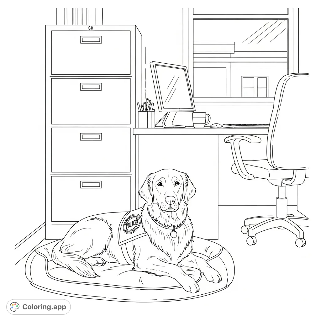 A friendly Golden Retriever therapy dog rests in a police station office, surrounded by a file cabinet, desk, and computer, ready for comfort.