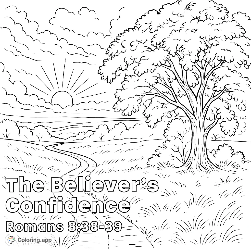 Explore a peaceful landscape with a winding path, a majestic tree, and a glowing horizon. A perfect nature landscape coloring page for relaxation.