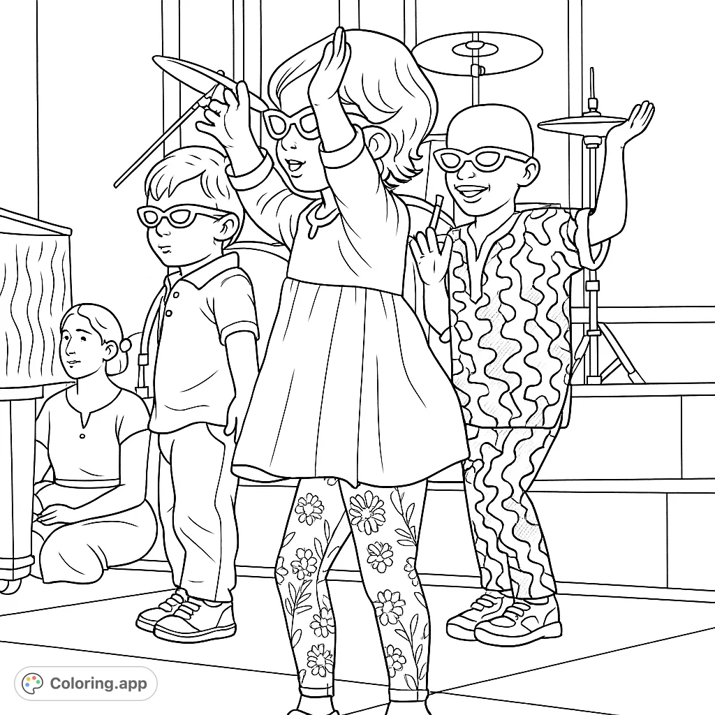 Three energetic children wearing unique goggles and patterned outfits perform on a stage, ready for a fun coloring adventure.